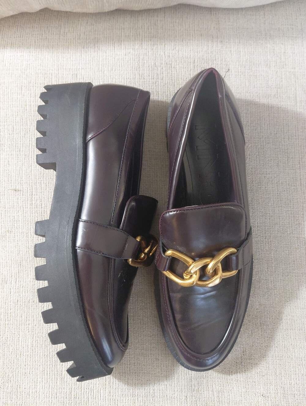 Mango Burgundy Eggplant Chunky Lug Sole Loafers with Gold Chain